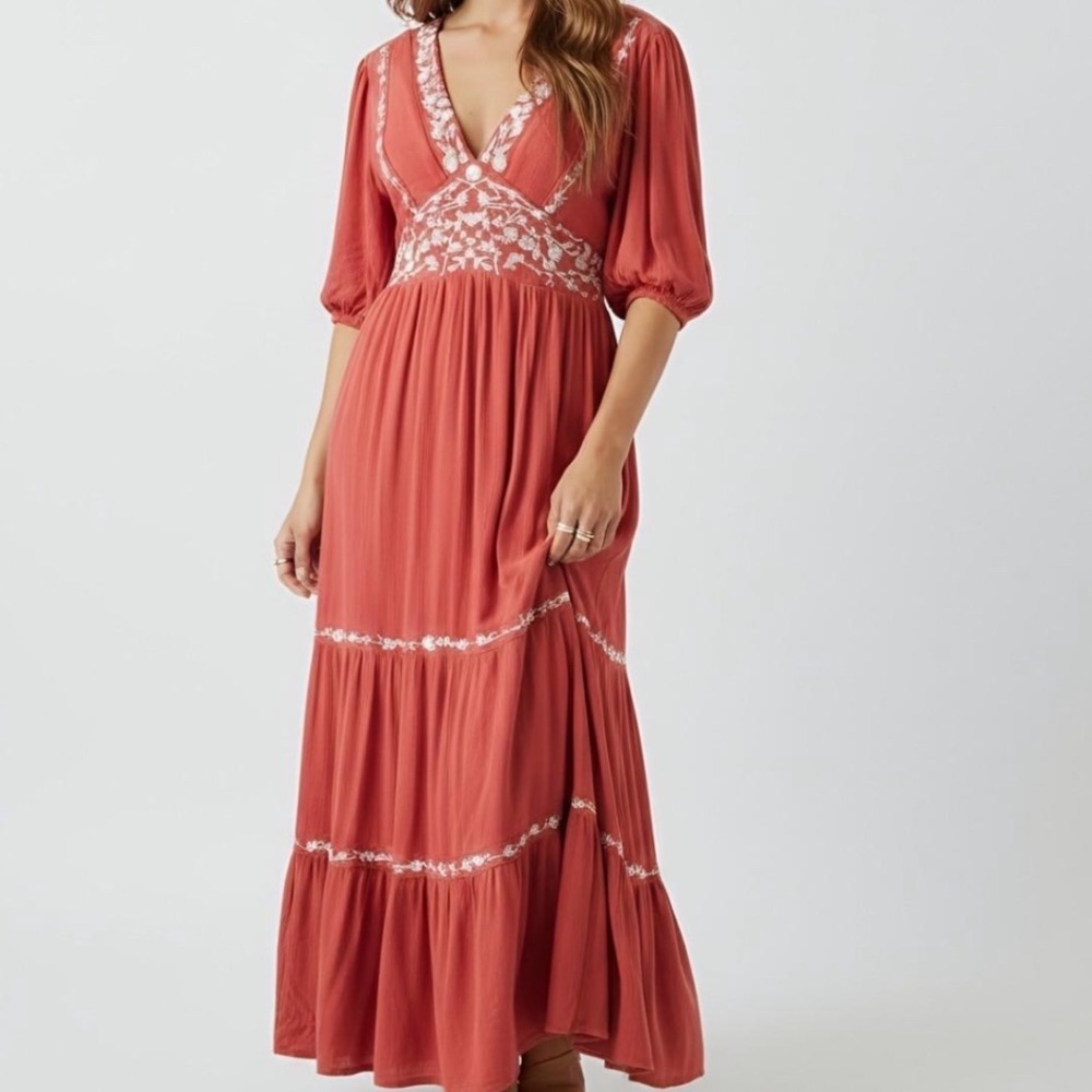 Baltic Born Santa Fe Embroidered Maxi Dress Rust Orange Boho XL